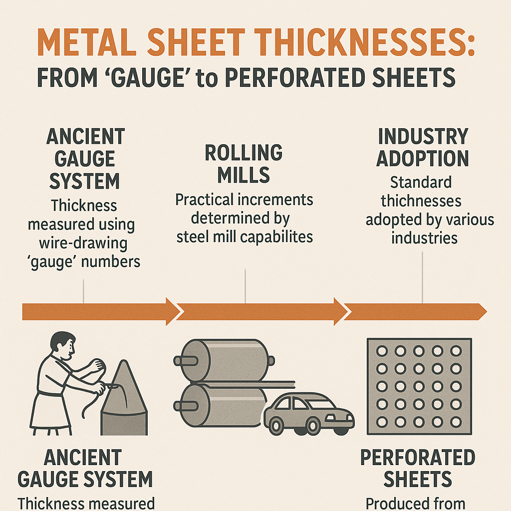 Infographic showing the history of sheet metal thickness from gauge system to perforated sheets standard gauges.