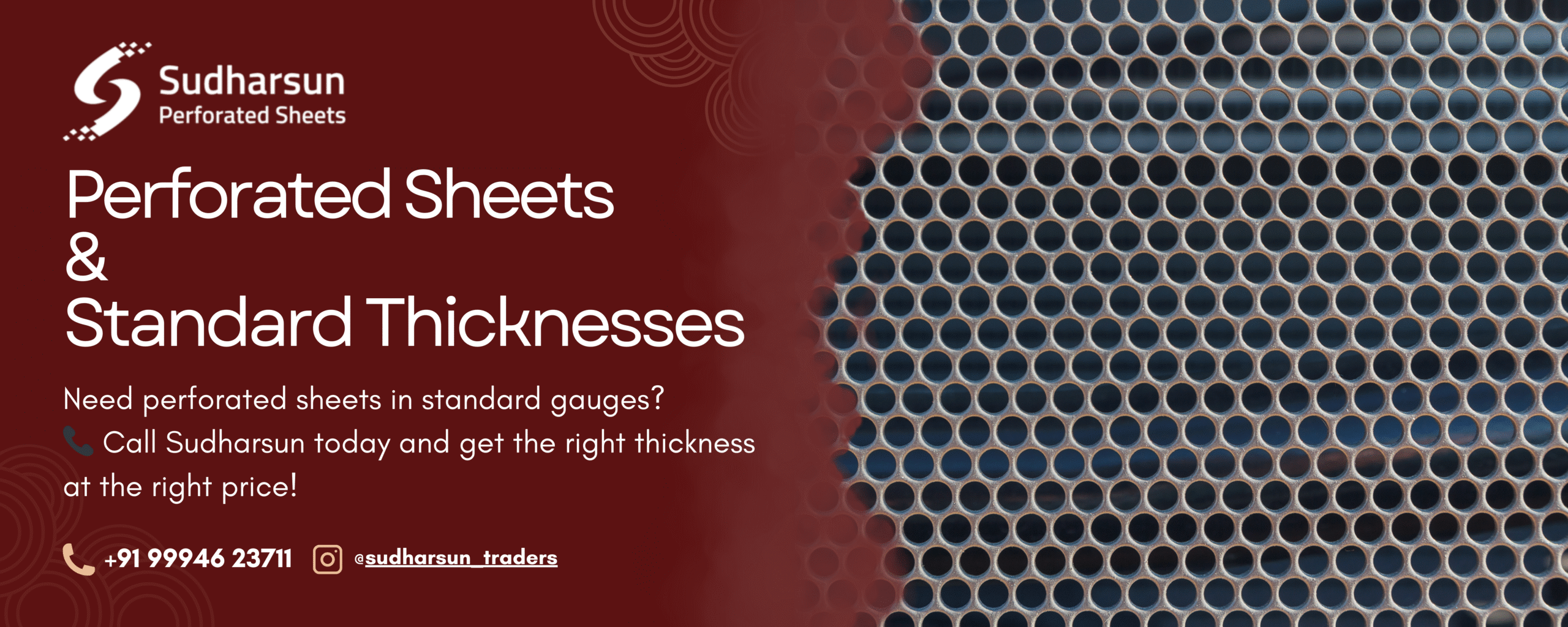 Promotional banner showing Sudharsun Perforated Sheets with focus on perforated sheets standard gauges and standard thickness options.