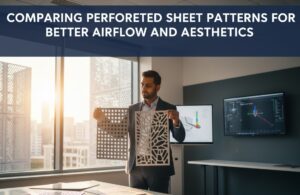 Home - Sudharsun Traders A selection of various perforated sheet patterns in Coimbatore from Sudharsun Traders, illustrating different open area percentages for optimized airflow and aesthetic design.