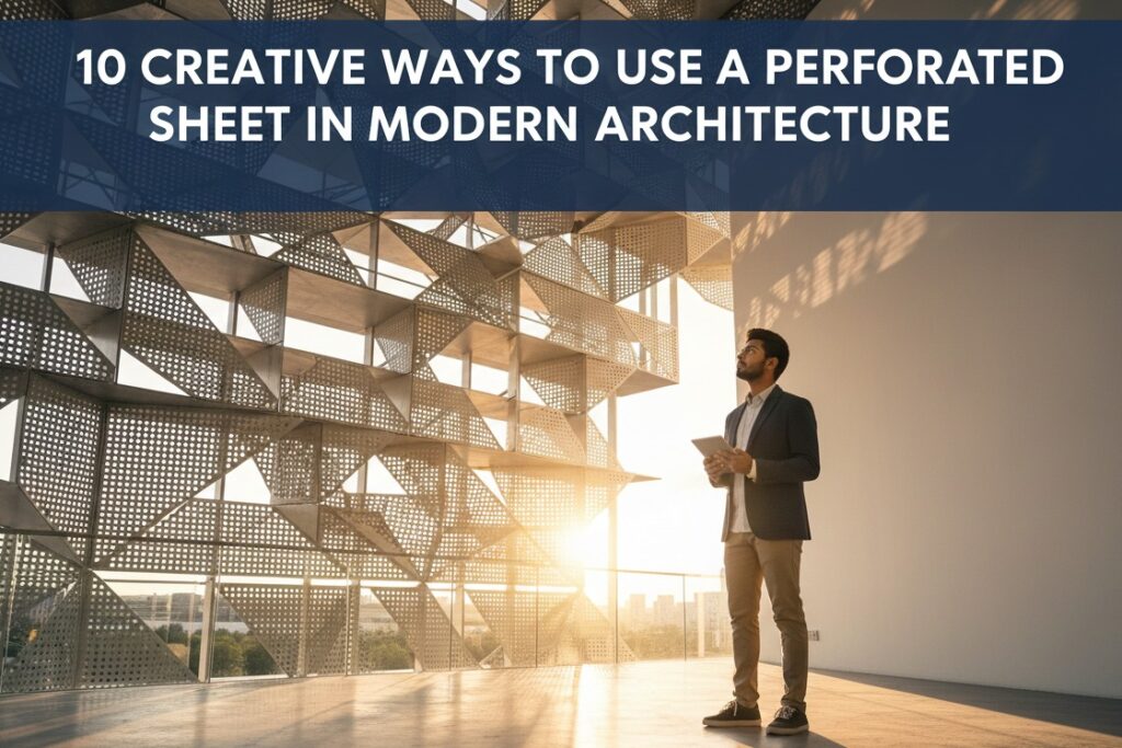 Modern building facade design using high-quality perforated sheet in Coimbatore for natural ventilation and aesthetics.