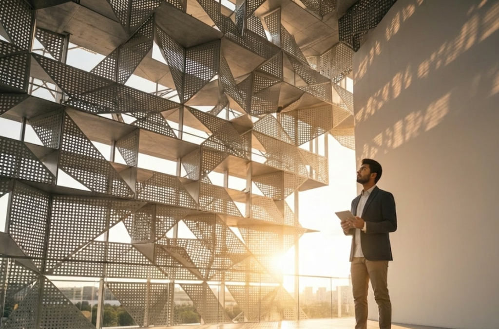 Modern building facade design using high-quality perforated sheet in Coimbatore for natural ventilation and aesthetics.