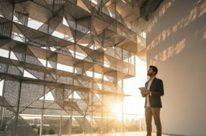 Modern building facade design using high-quality perforated sheet in Coimbatore for natural ventilation and aesthetics.