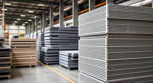 Industrial perforated steel sheets with round hole patterns displayed in a manufacturing facility