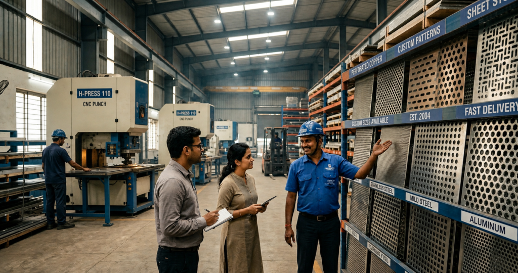 Top trusted perforated sheets suppliers showcasing industrial metal sheets in a warehouse