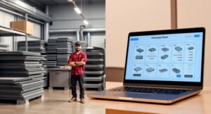 Side by side comparison of local metal shop and online perforated sheet order on a laptop screen