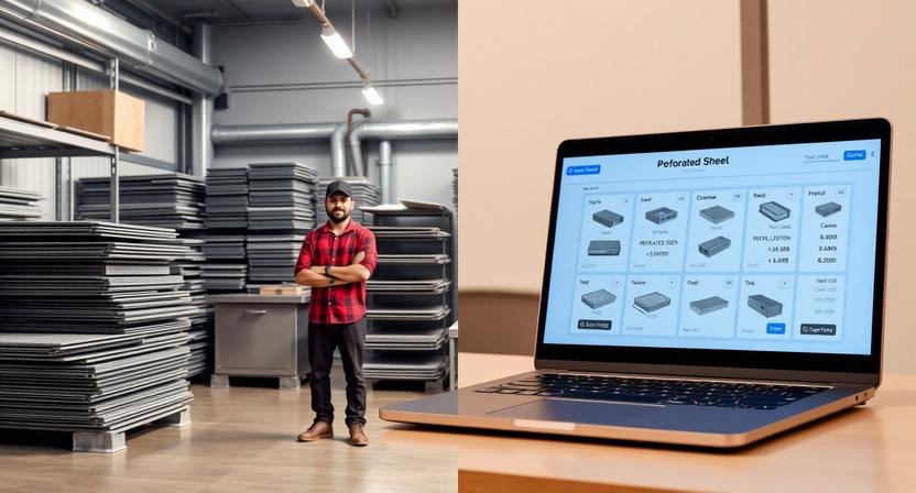 Side by side comparison of local metal shop and online perforated sheet order on a laptop screen