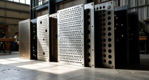 Perforated sheets stacked in an industrial warehouse with a supplier comparing local and global options