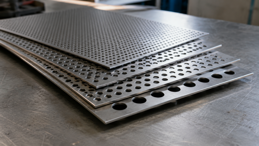 Stack of perforated metal sheets checked for filtration specs at Sudharsun Traders