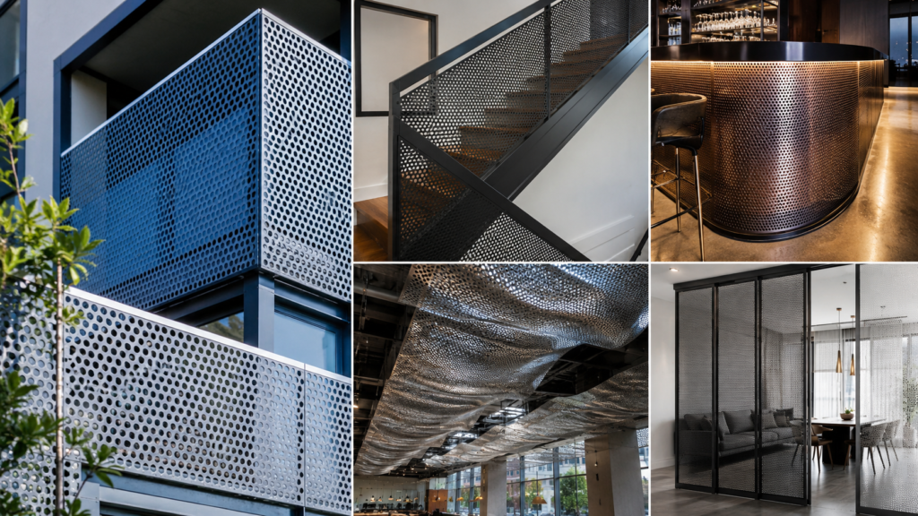 Top 5 design ideas using perforated metal sheets featuring modern building facades, staircase railings, decorative ceilings, room dividers, and commercial interiors by Sudharsun Traders.
