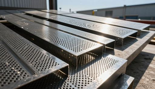 Perforated metal sheets on modern architectural facade and industrial space by Sudharsun Traders