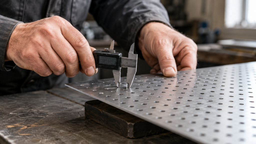 Close-up of a perforated sheet inspected for hole tolerance at Sudharsun Traders