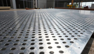 Collage of 9 different industrial applications showing perforated metal sheets used in construction, HVAC, safety systems, and filtration equipment