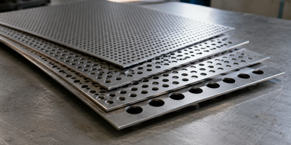 Stack of perforated metal sheets checked for filtration specs at Sudharsun Traders