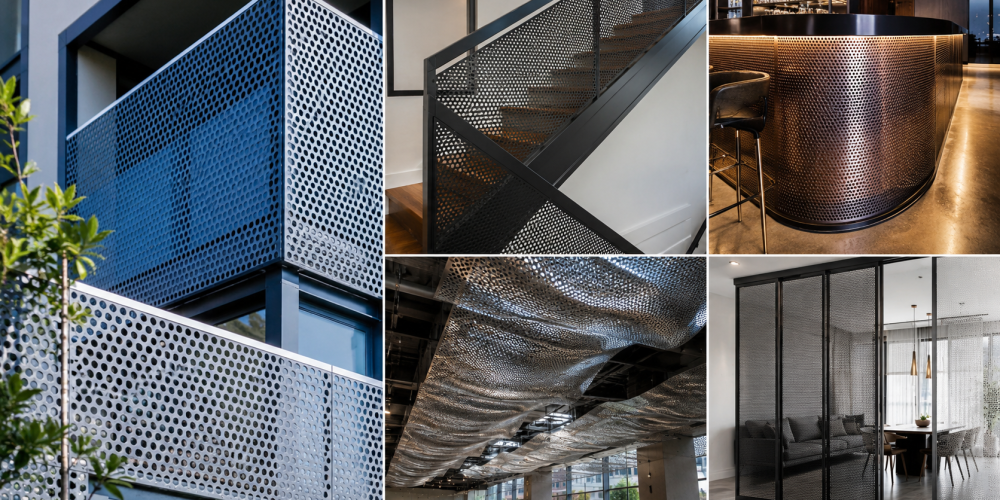 Top 5 design ideas using perforated metal sheets featuring modern building facades, staircase railings, decorative ceilings, room dividers, and commercial interiors by Sudharsun Traders.