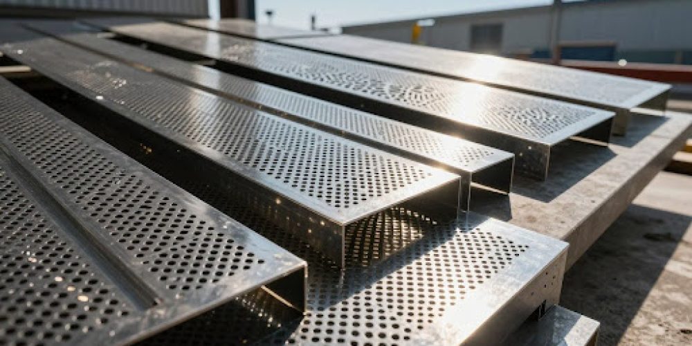 Perforated metal sheets on modern architectural facade and industrial space by Sudharsun Traders