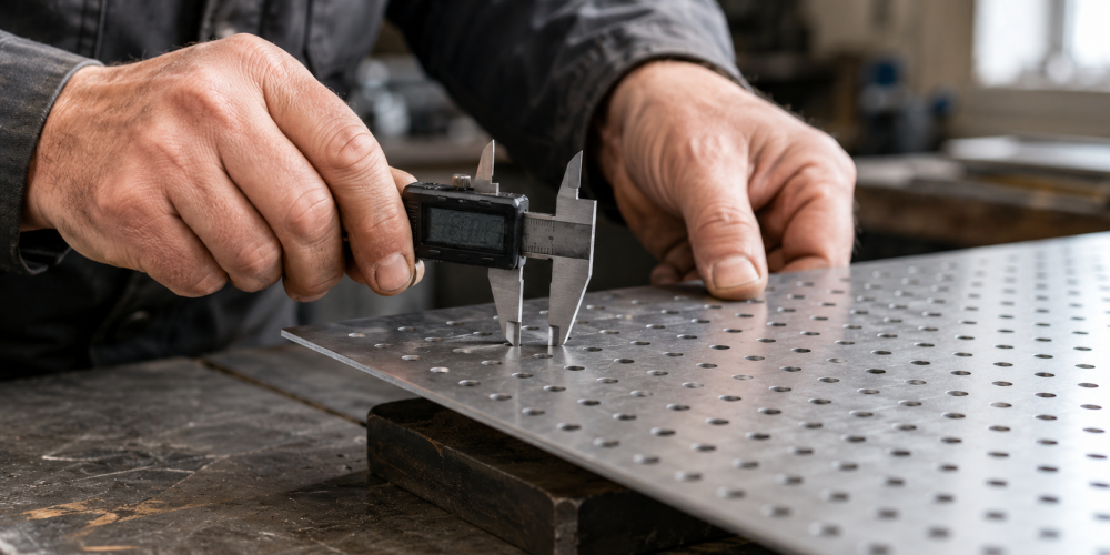 Close-up of a perforated sheet inspected for hole tolerance at Sudharsun Traders