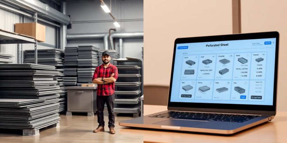 Side by side comparison of local metal shop and online perforated sheet order on a laptop screen