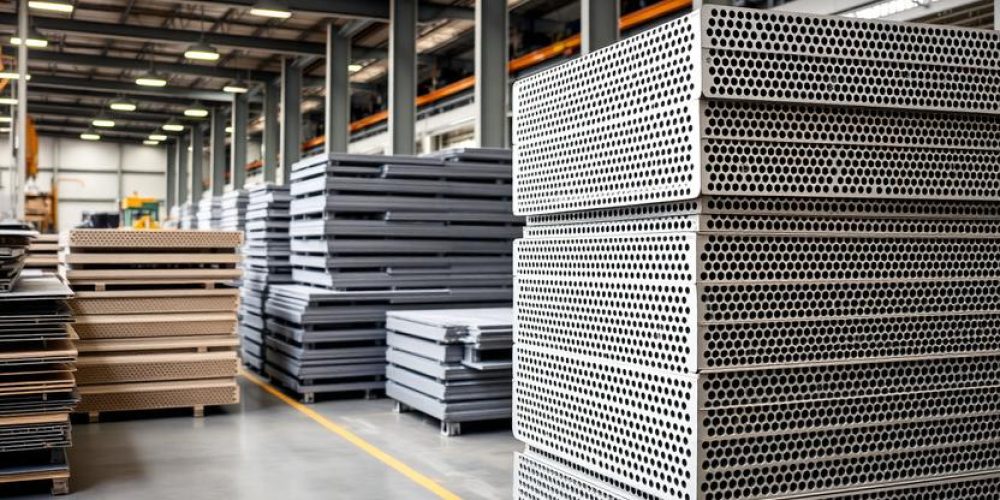 Industrial perforated steel sheets with round hole patterns displayed in a manufacturing facility