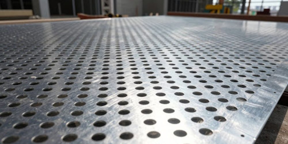Collage of 9 different industrial applications showing perforated metal sheets used in construction, HVAC, safety systems, and filtration equipment