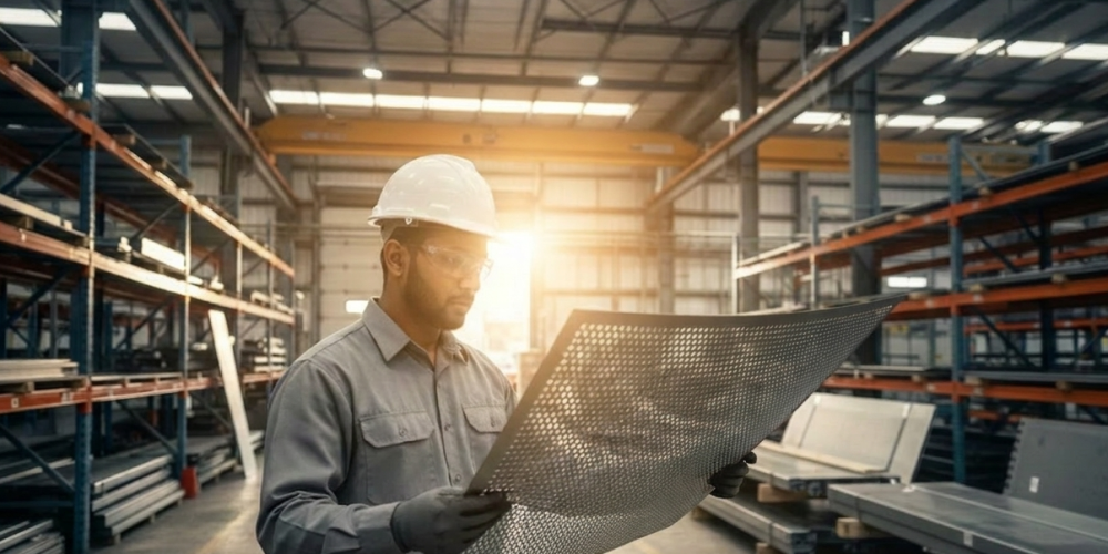 Close-up of high-quality perforated sheet metal with uniform hole patterns for industrial and architectural use.