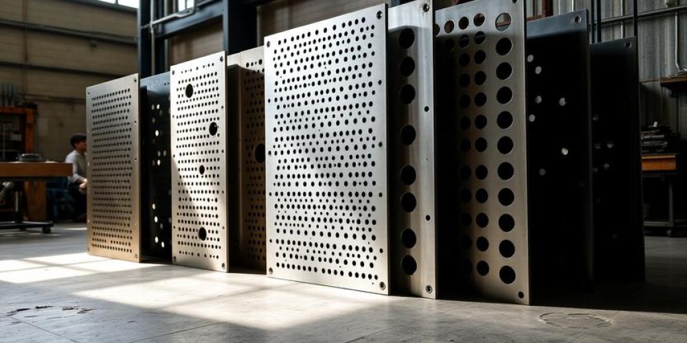 Perforated sheets stacked in an industrial warehouse with a supplier comparing local and global options