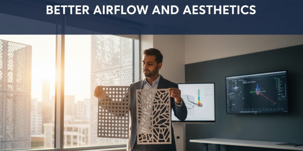 A selection of various perforated sheet patterns in Coimbatore from Sudharsun Traders, illustrating different open area percentages for optimized airflow and aesthetic design.