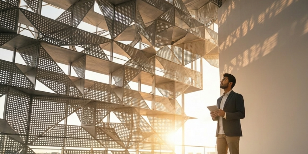 Modern building facade design using high-quality perforated sheet in Coimbatore for natural ventilation and aesthetics.